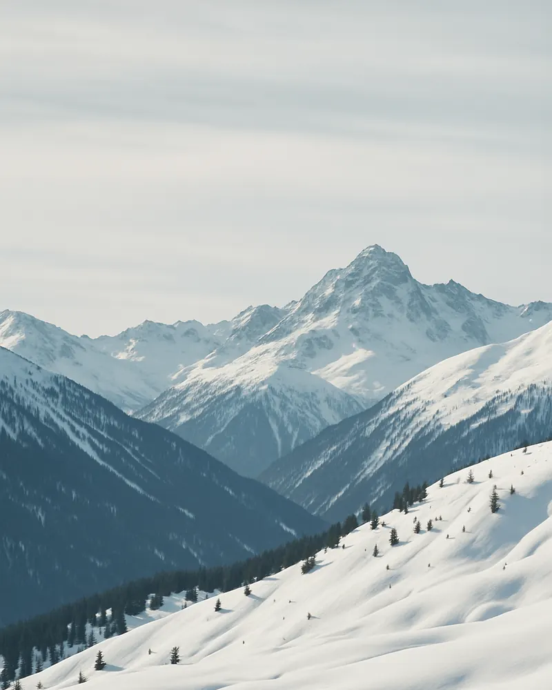 Verschneiter Gipfel über einem Bergtal